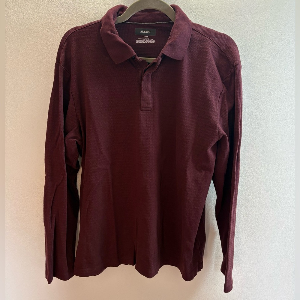 Alfani Burgundy Long Sleeve Polo Shirt L